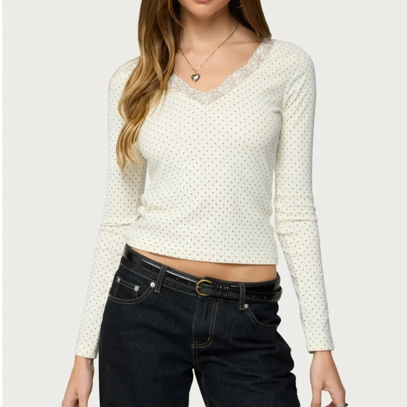Women Y2k Lace Patchwork Long Sleeve Cropped T Shirts Polka Dot Preppy Pointelle V Neck Slim Fit Crop Tops Aesthetic Fall Tees