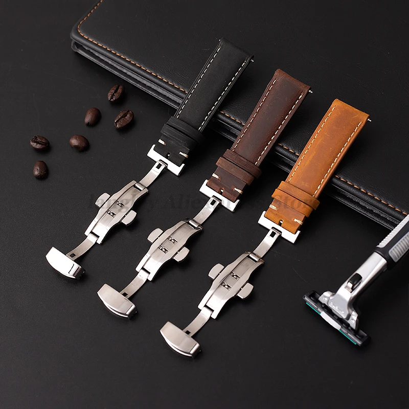 Stitching Cowhide Strap 14/16/18/20/22/24mm for Huawei Watch GT4/GT3 46mm Bracelets for Seiko Vintage Leather Butterfly Buckles