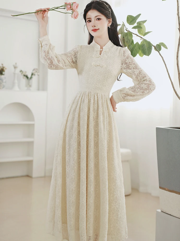 White Lace Hook Flower Hollow Luxury Long Dress Gown Women Autumn Winter Elegant Prom Robe 2024 Korean Fashion Bodycon Vestidos