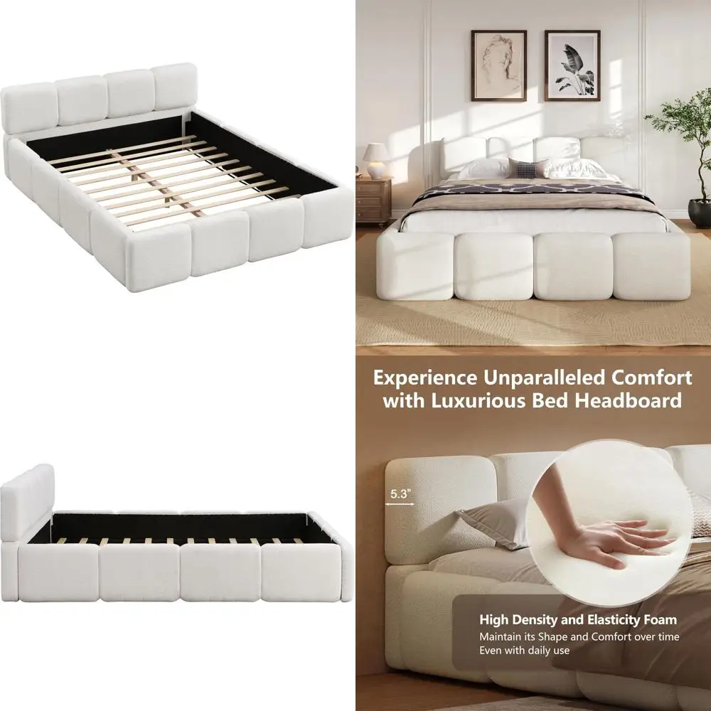 

Queen Size Boucle Upholstered Platform Bed, Low to Floor, Suitable for Kids, Teens, Adults, White