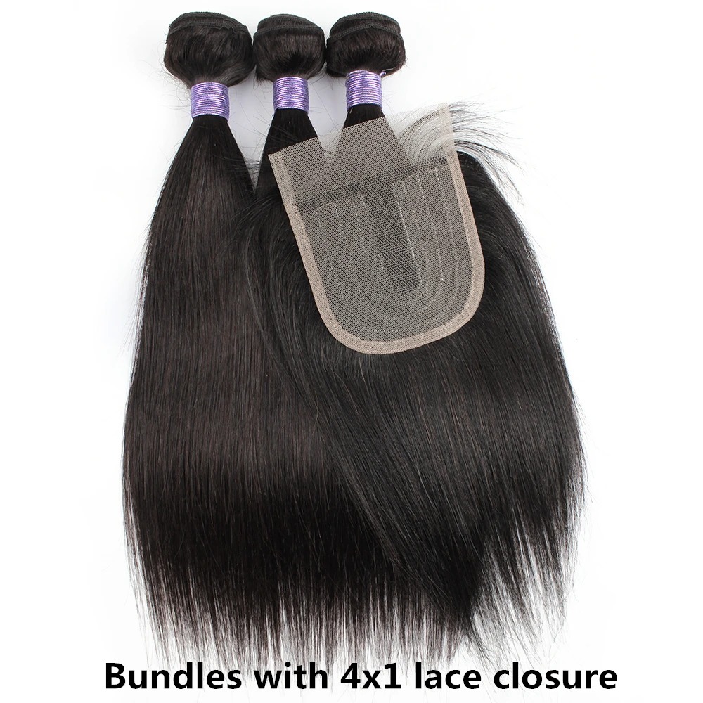 Natural color hair bundles with closure straight 200g/set Brazilian human hair middle part 4x4 closure with T type lace