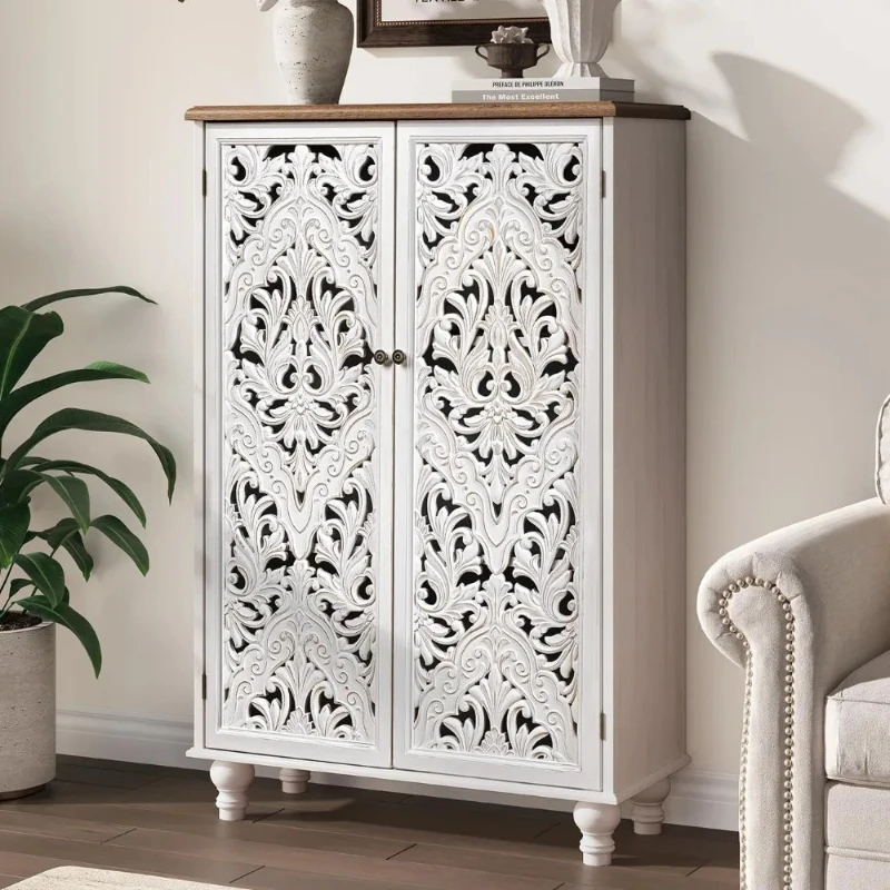 Tall Storage Cabinet with Doors and Shelves, Wood Accent Cabinet with Distressed Finish, Buffet & Sideboard for Living Room