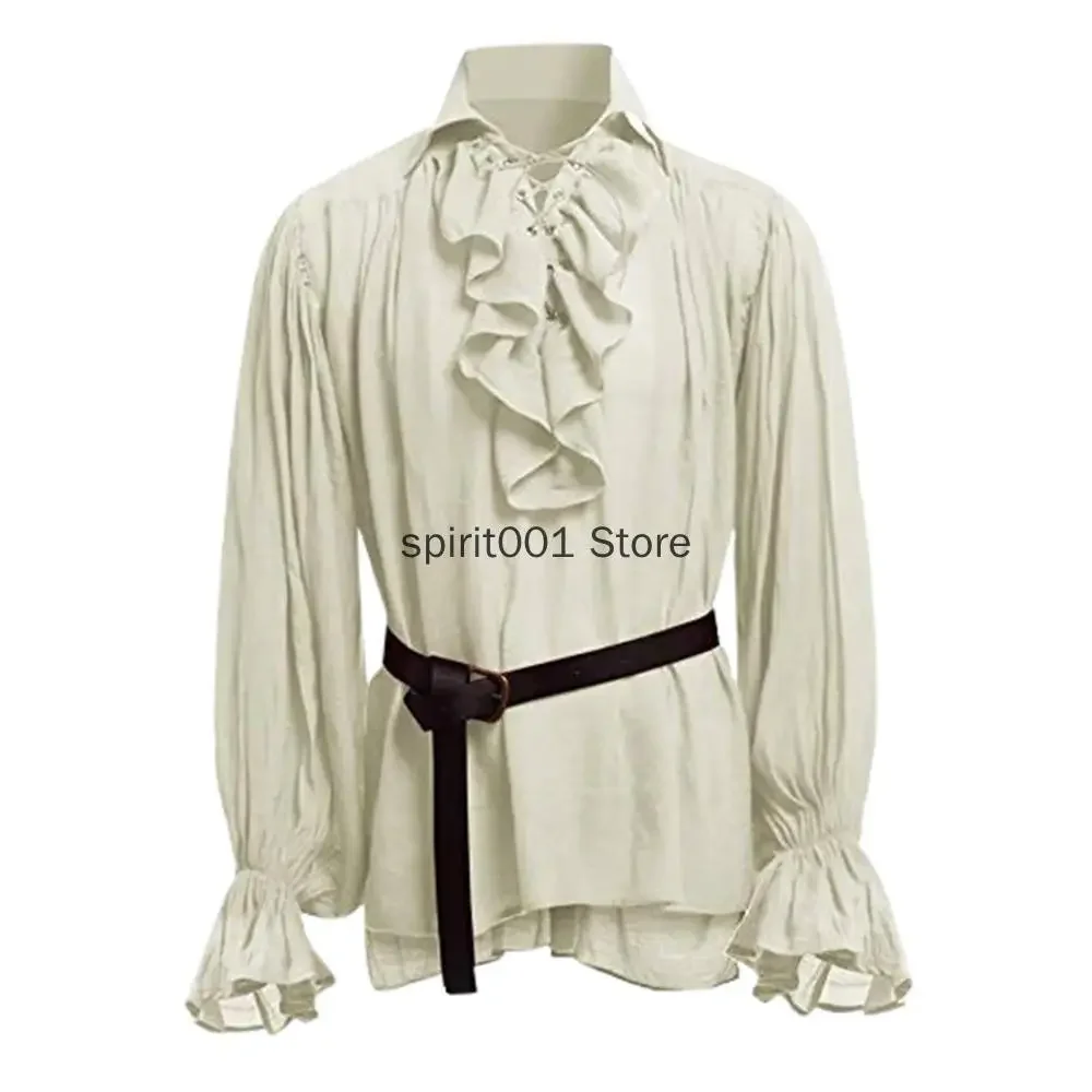 Medieval Men Shirts Ruffled Gothic Steampunk Victorian Pirate Cosplay Costume Mens Tops Pants Lacing Up Shirt Larp Vintage