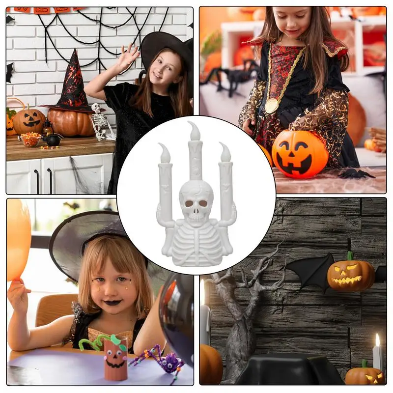 Kerangka lilin Halloween tanpa api kerangka lilin Candelabra dengan lampu lilin LED lampu tanpa api berkedip untuk rumah kamar tidur