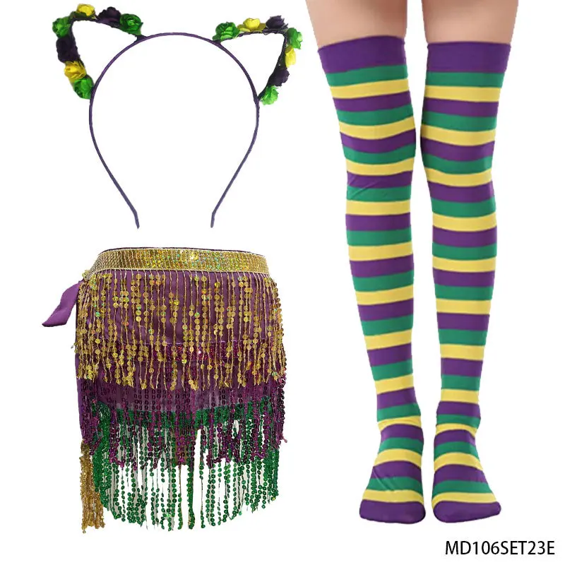 Mardi Gras Costume Accessory Set Skirt Headbands Mardi Gras Beads Socks for Women Party Carnival Women Costume