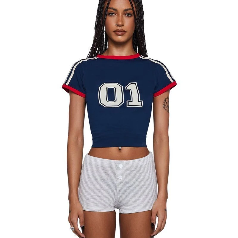 01 Number Crop Top Women Y2k Grunge Clothes Casual Soccer Print Short Sleeve Tshirts Baby Tee Aesthetic Fairycore Clothing 2024