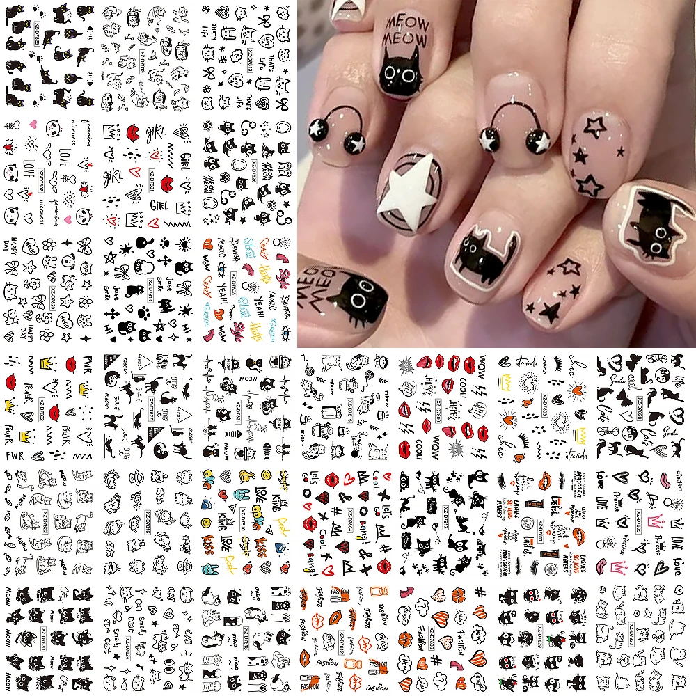 30 Uds. De pegatinas para decoración de uñas de animales con grafiti de dibujos animados, diseño de gato negro/perro/lábios rojos Kawaii, calcomanías para uñas DIY, deslizadores de manicura Punk