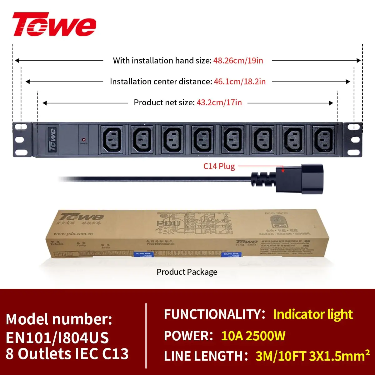 8 Port IEC C13 Rack Power Strip Wide Spaced Metal PDU with Long C14 Cable Wall Mount Power Distribution Unit for Server Rack