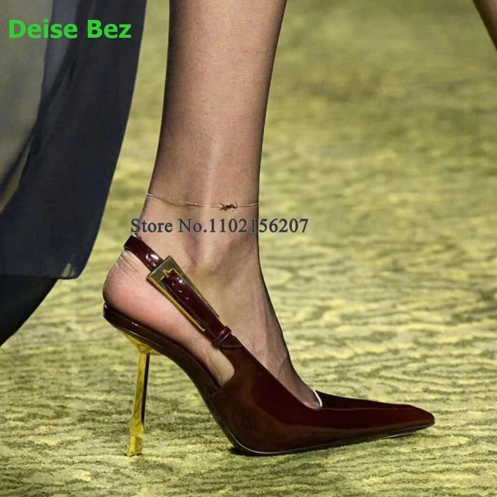 

2024 New Arrivals Metal Thin High Heel Pumps For Female Women Leather Pointed Toe Back Buckle Strap Fashion Sexy Runway Shoes