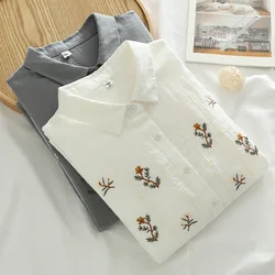 Fall clothes 2024 women cotton yarn elegant shirts for women long sleeve leaves embroidery white gray shirts large size tops