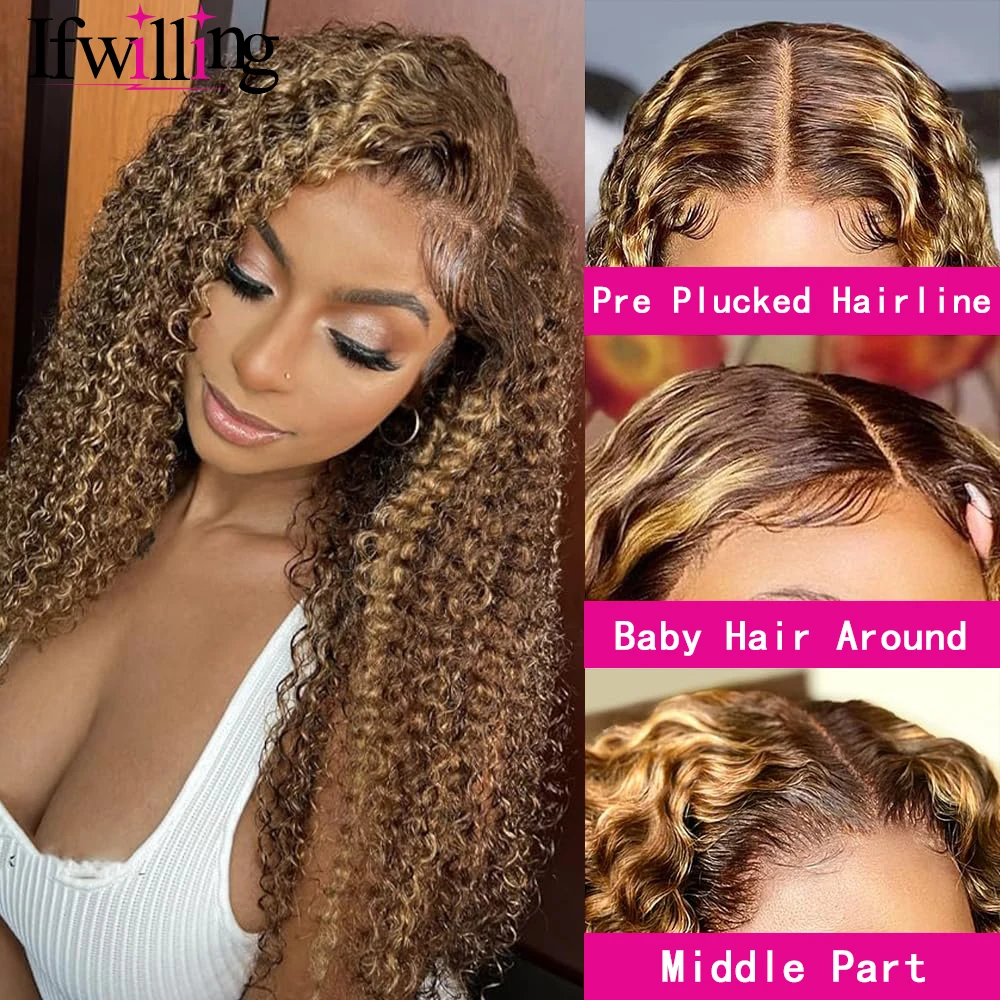 Kinky Curly Pruiken Menselijk Haar Highlight Pruik Ombre Mensenhaar Pruik 4/27 Gekleurd Menselijk Haar Pruiken 250 Dichtheid 13X6 Hd Lace Frontale Pruik