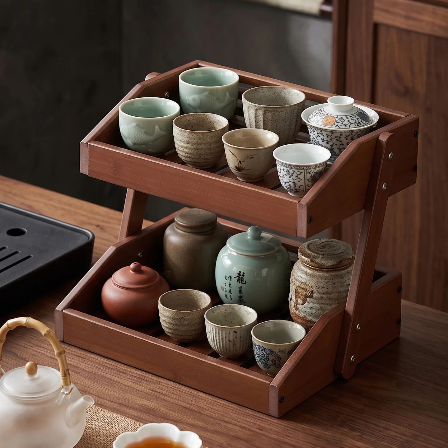 Solid wood vertical inclined storage rack, living room study Bogu rack, sundries, candy figures, tea set, partition shelf
