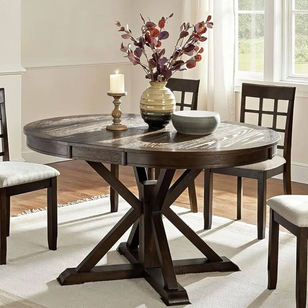 

Walnut Oval Expandable Dining Table with Pedestal Base and Leaves, Space-Saving for Kitchen or Living Room