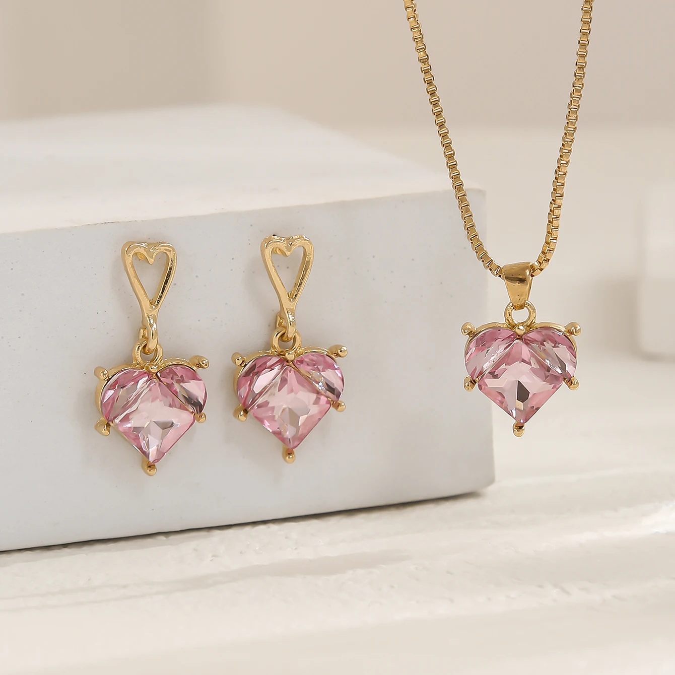 Elegant Box Chain Choker Pink Heart-shaped Pendant Necklace Earring Women's Daily Dating Jewelry Ideal Valentine's Day Gift