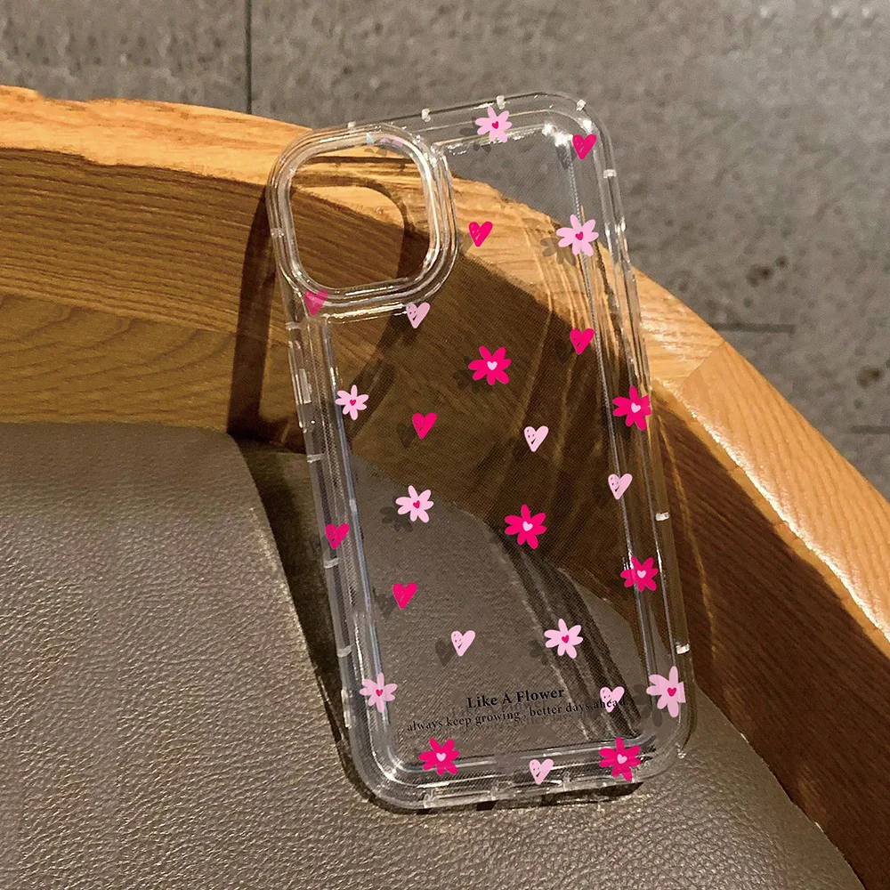 Pink Flowers Heart Print Clear Phone Case For iPhone 16 Cases iPhone 15 14 13 12 11 Pro Max XS X XR 7 8 Plus 16 Matte Soft Cover