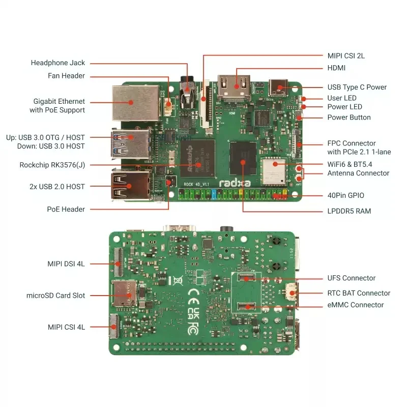Computadora de placa única Radxa ROCK 4D |   RK3576 SBC 4K Salida LPDDR5 para Edge Computing/AI/DIY IoT
