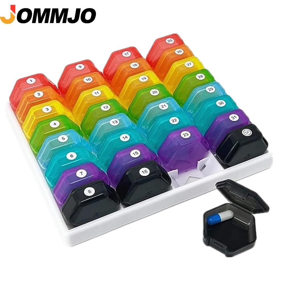 31 Day Monthly Pill Organizer Box with 32 Compartments, Daily Pill Case Dispenser for Vitamins, Supplements & Medication Storage