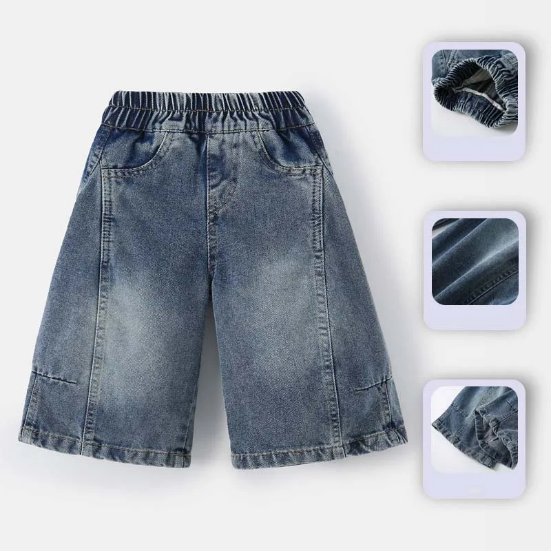 2026 UNITIM Frühling Kinder Mädchen Jeans Baumwolle Patchwork Kinder Mädchen Weite Hosen Locker Elastischer Bund Kleinkind Mädchen Denim-Hosen
