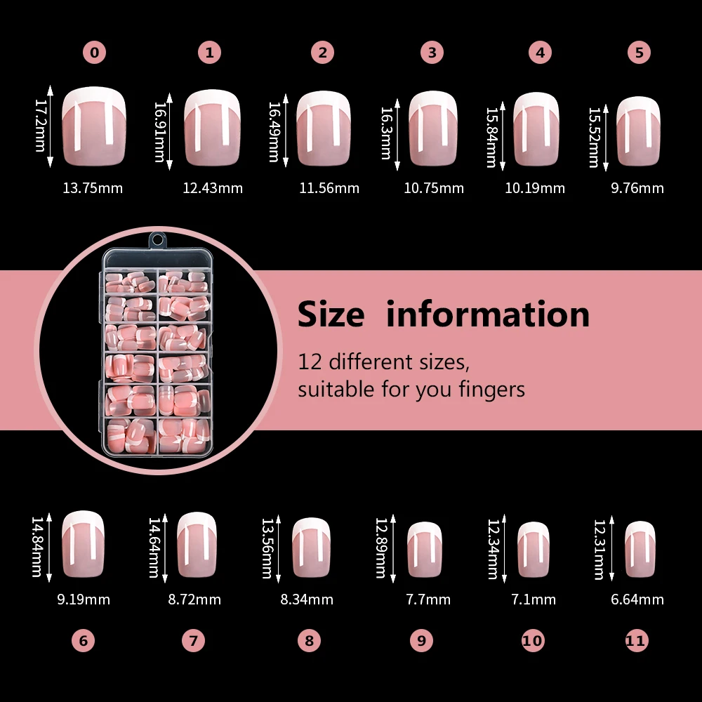 120 قطعة من الأظافر المزيفة المربعة القصيرة باللون الوردي الفرنسي 12 مقاسًا غطاء كامل اضغط على الأظافر يمكن ارتداؤها وأطراف أصابع كاذبة نهائية قابلة للفصل * TD