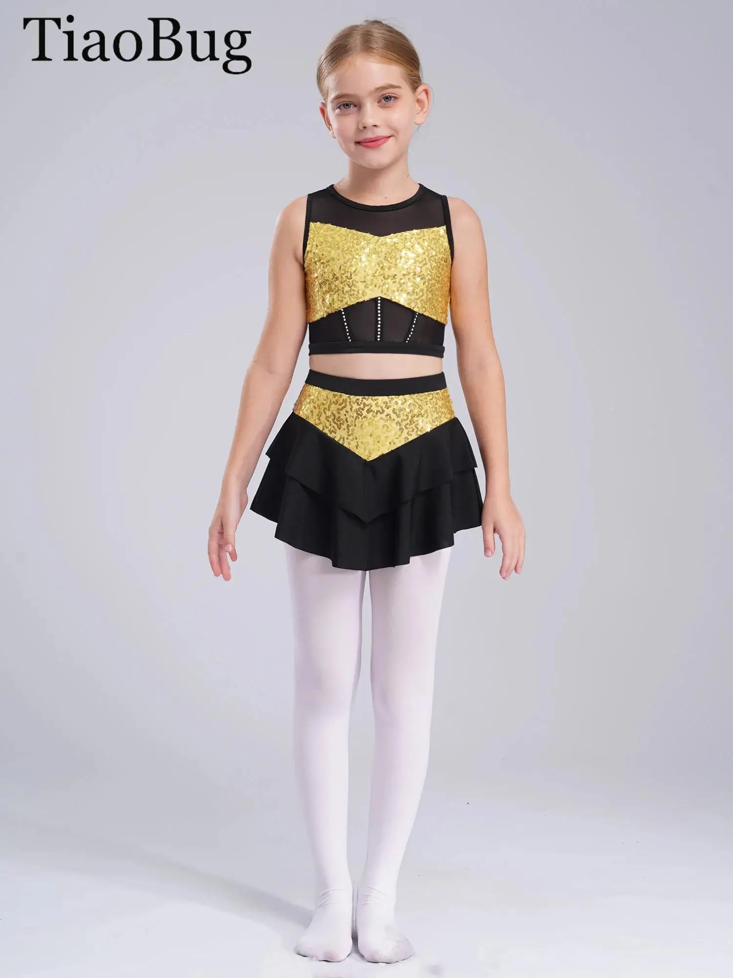 

Girls Hip Hop Jazz Dance Costume Sleeveless Cutout Sheer Mesh Shiny Sequins Crop Top with Tiered Skirt Cheerleading Dan