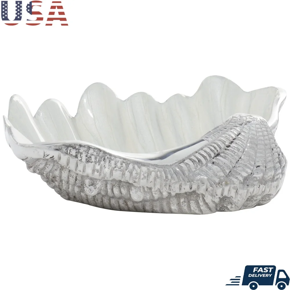 

12 Inch White Aluminum Shell Serving Bowl Enamel Interior Decorative Nautical Design Indoor Use Lightweight Gift Idea