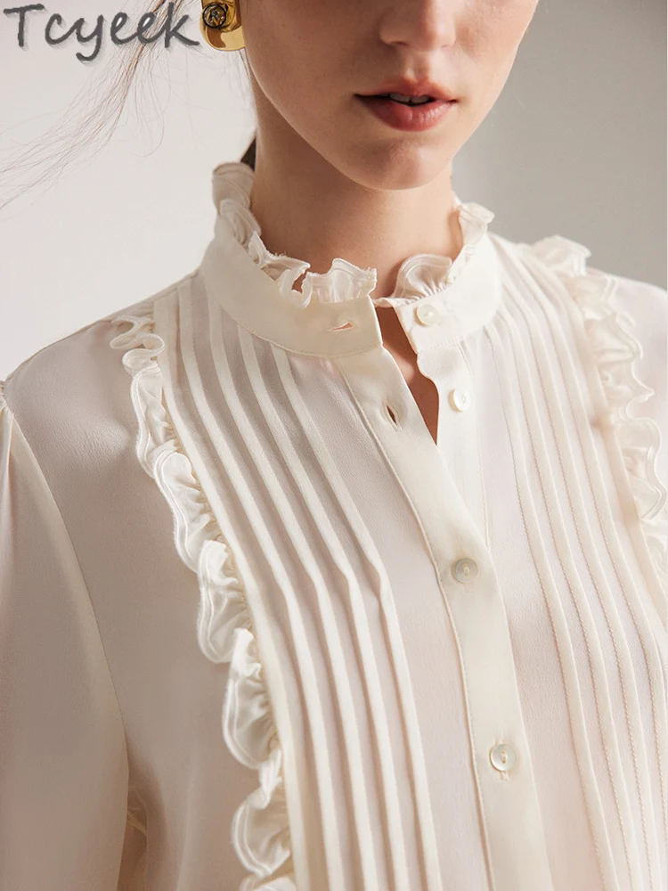 Tcyeek Woman Shirts 100%Mulberry Silk Stand Collar Ruffles White Chic Blouses 2023 Spring Summer Office Lady Top