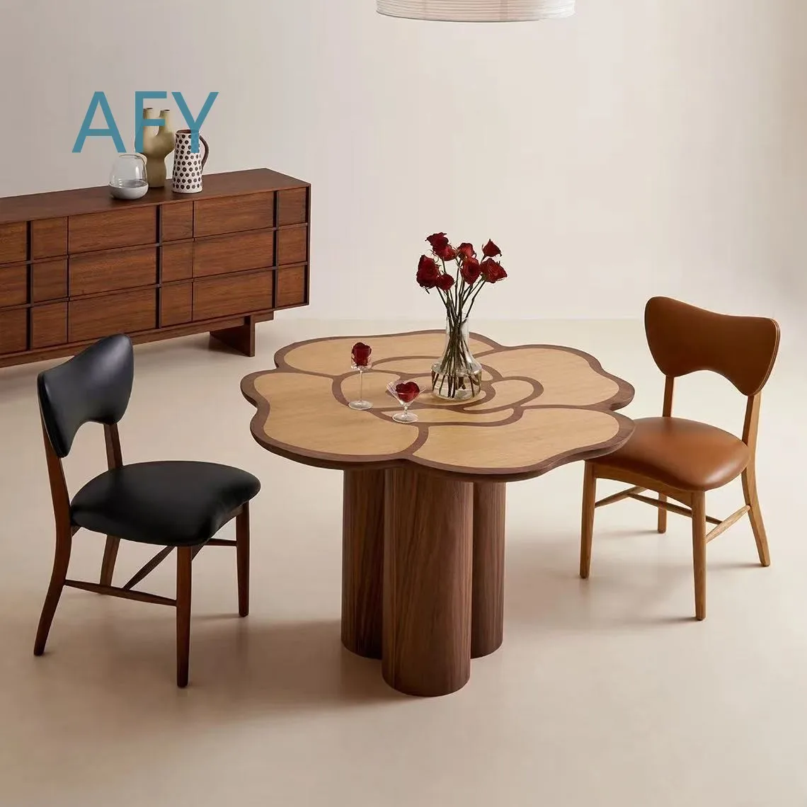 Mid Century Modern Solid Wood Coffee Table for Living Room Designer Creative Petal Shape Dining Table for Hotel Guesthouse