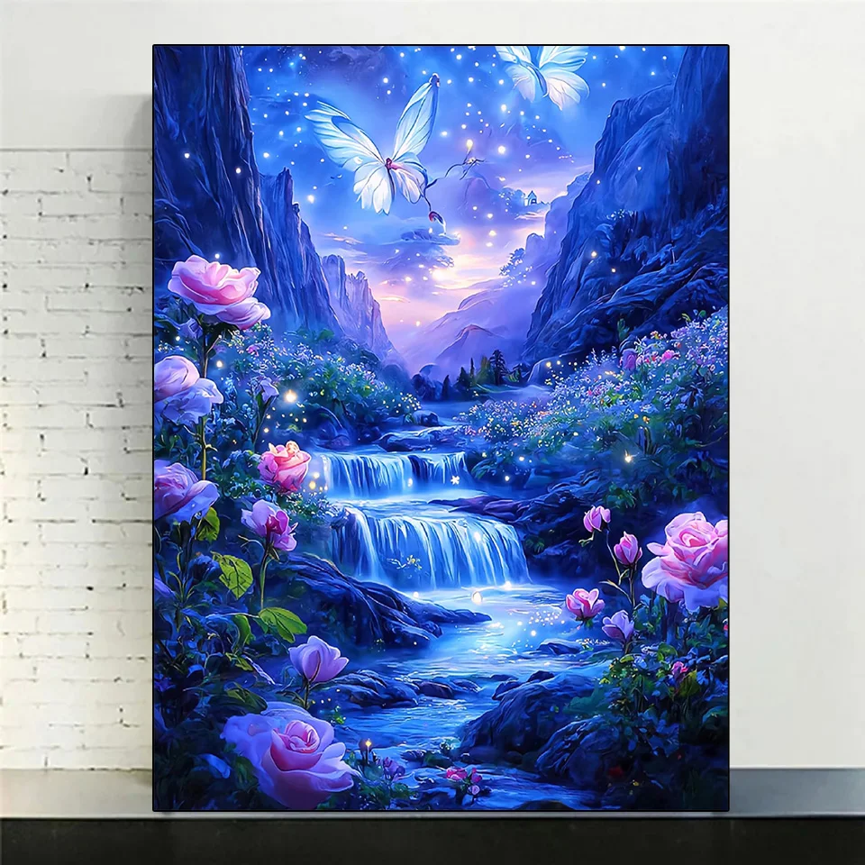 

New Product 5DDIY Diamond Painting Landscape Waterfall Butterfly Flower Full Circle Square Mosaic Flower Wall Decoration