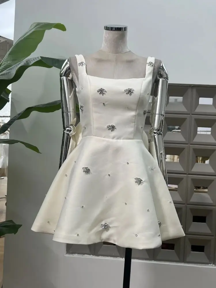 

2025 Summer New Hot Sale Glitter Square Neck Backless Diamonds Party Dresses Mini Dress Sexy A Line Birthday Celebrity Gown