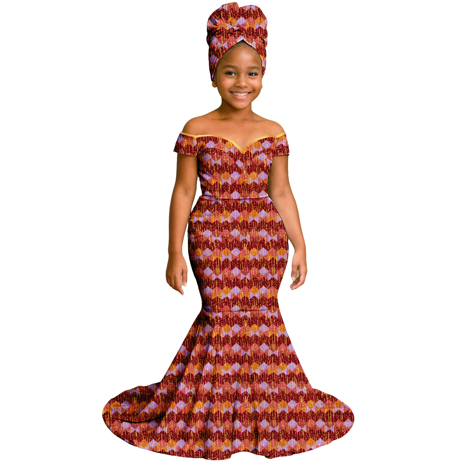 

Bayby Girl Turkey Dress African Clothes Print Maxi Dress Dashiki Anakra Outfits for Kids with Head Wrap