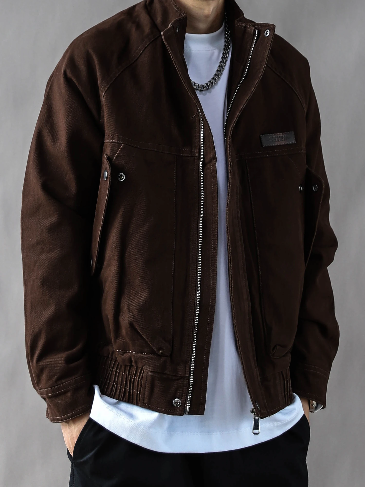 

American Retro Heavyweight Jaet Men's Spring Autumn Loose Casual 2025 New High Street Stand Collar Sports Coat Coffee Color