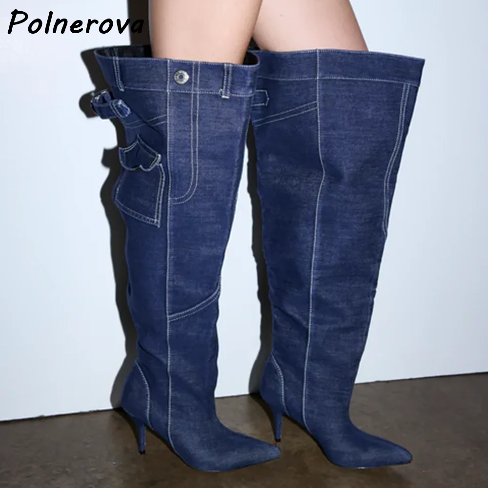 Denim Blue Sewing Slouch Boots Pointy Toe Kitten Heels Button Pocket Slip On Knee High Boots Women's Fashion Sexy Winter Shoes