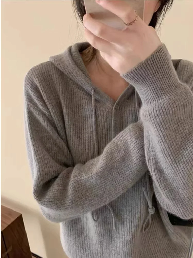 

Мягкий уютный женский вязаный свитер из меха медведя, осень-зима, внутренняя одежда небольшого размера, толстовка с капюшоном, свободная шапка irt