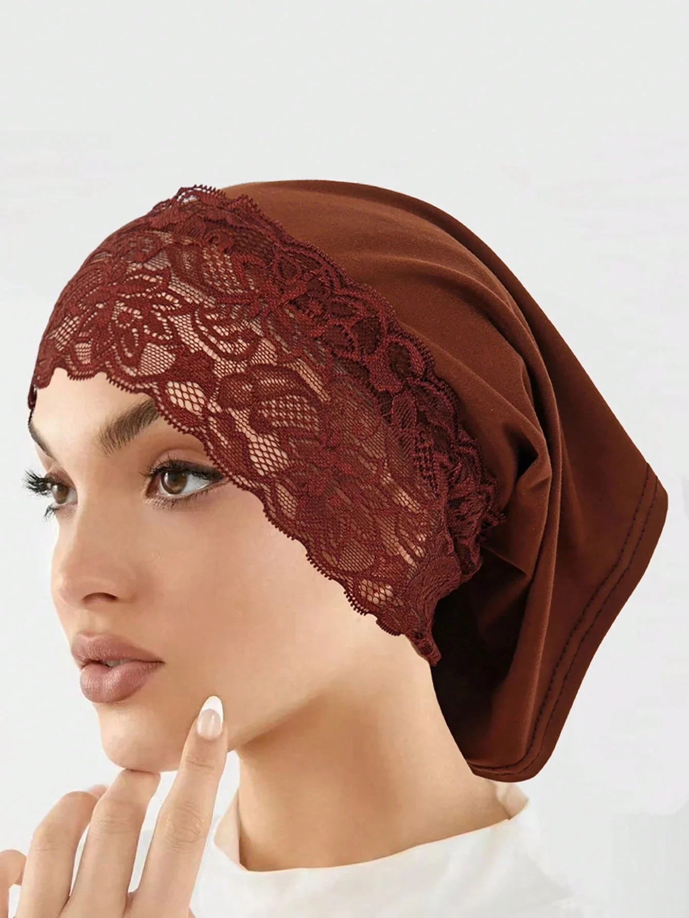 

Solid Color Lace Trim Turban Bonnet For Women Muslim Headwear