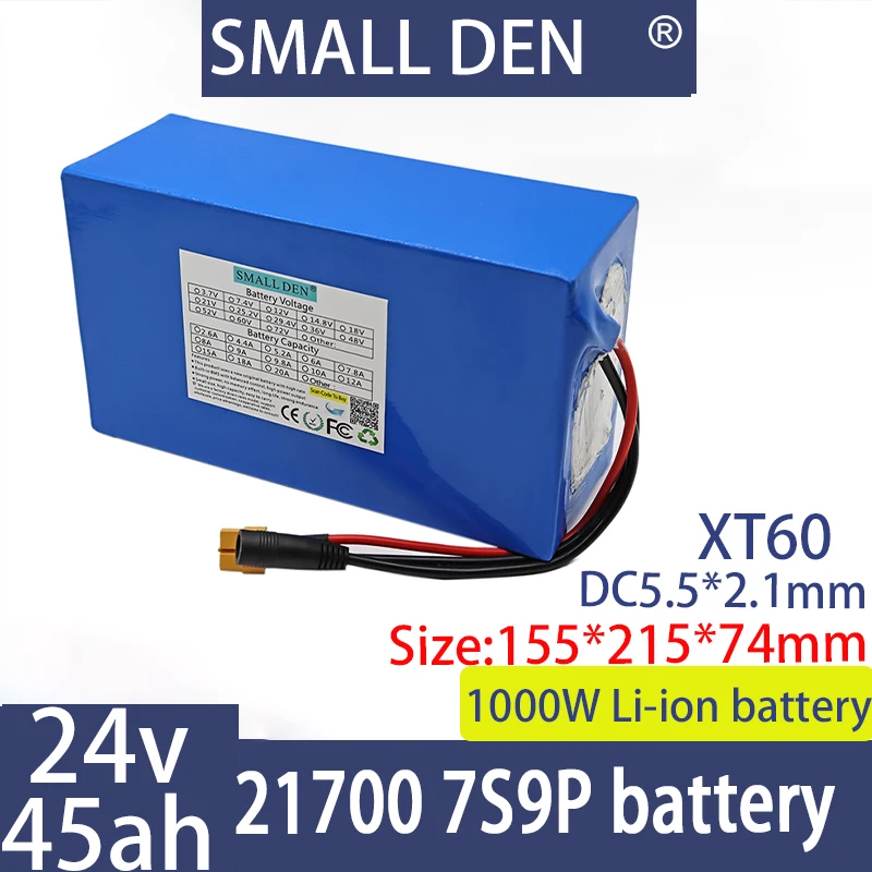 New 24V 45ah 7S9P 21700 lithium battery pack, A-class battery, long battery life, 40A BMS 750W 1000W high-power battery charcoal