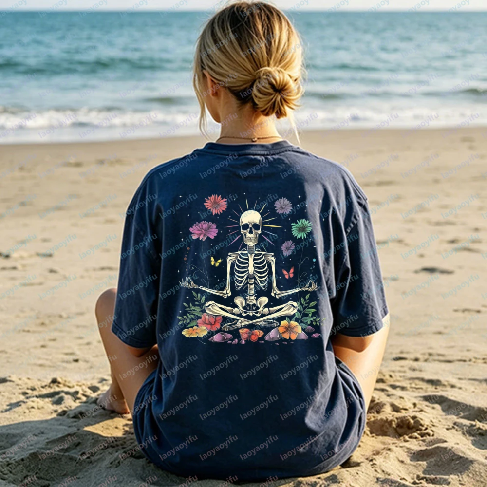 Yoga Skeleton Cotton T-Shirt for Women Floral Meditation Graphic Tee Trend Boho Gothic Streetwear Harajuku Gift for Yoga Lovers