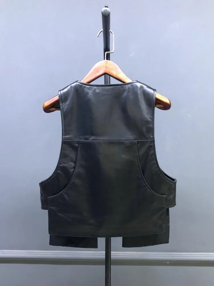 Casual Versatile Women Waistcoat Tops V-Neck Single Breasted Sheepskin Genuine Leather Vest Sleeveless Ladies Jacket Retro Loose
