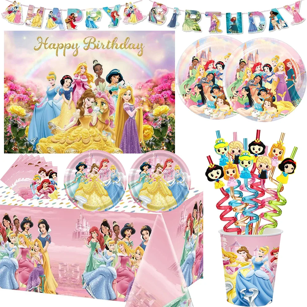 Disney Princess Party Decorations Disposable Tableware Tablecloth Reusable Straws Girl Birthday Party Supplies Baby Shower