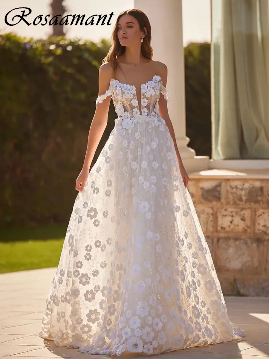 

Gorgeous Off The Shoulder 3D Flowers Wedding Dresses A-Line Illusion Open Back Sequined Lace Bridal Gowns Robe De Mariée