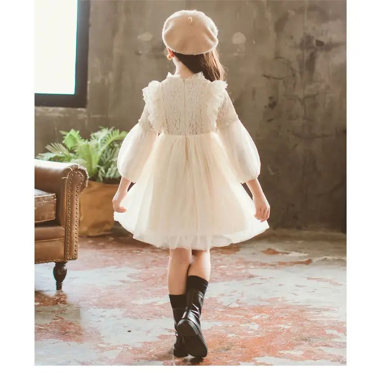 Frühling Herbst Kinder Mädchen Kleider Laterne Hülse Spitze Prinzessin Kleid Perle Süße Oansatz Mesh Party kinder Kleidung Vestidos – Detail 8
