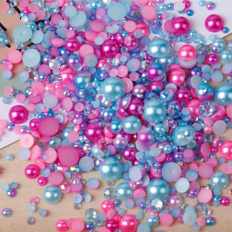 Mix Style Resin Rhinestone AB Pearls Half Round Flatback Beads AB Color Resin Rhinestones For Crafts Nail Art DIY Decoration