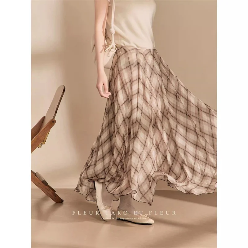 

Винтажная коричневая клетчатая юбка-миди, женская весенне-осенняя элегантная элитная эстетичная юбка с асимметричным подолом в стиле ретро, клетчатая юбка с высокой талией