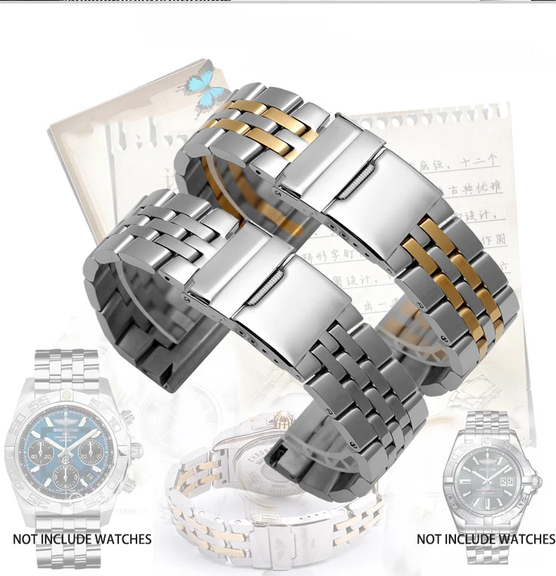 For Timing Super Ocean Avenger NAVITIMER Watchband 18mm 20mm 22mm 24mm Silver Gold Stainless Steel Glossy Wristband Accessories