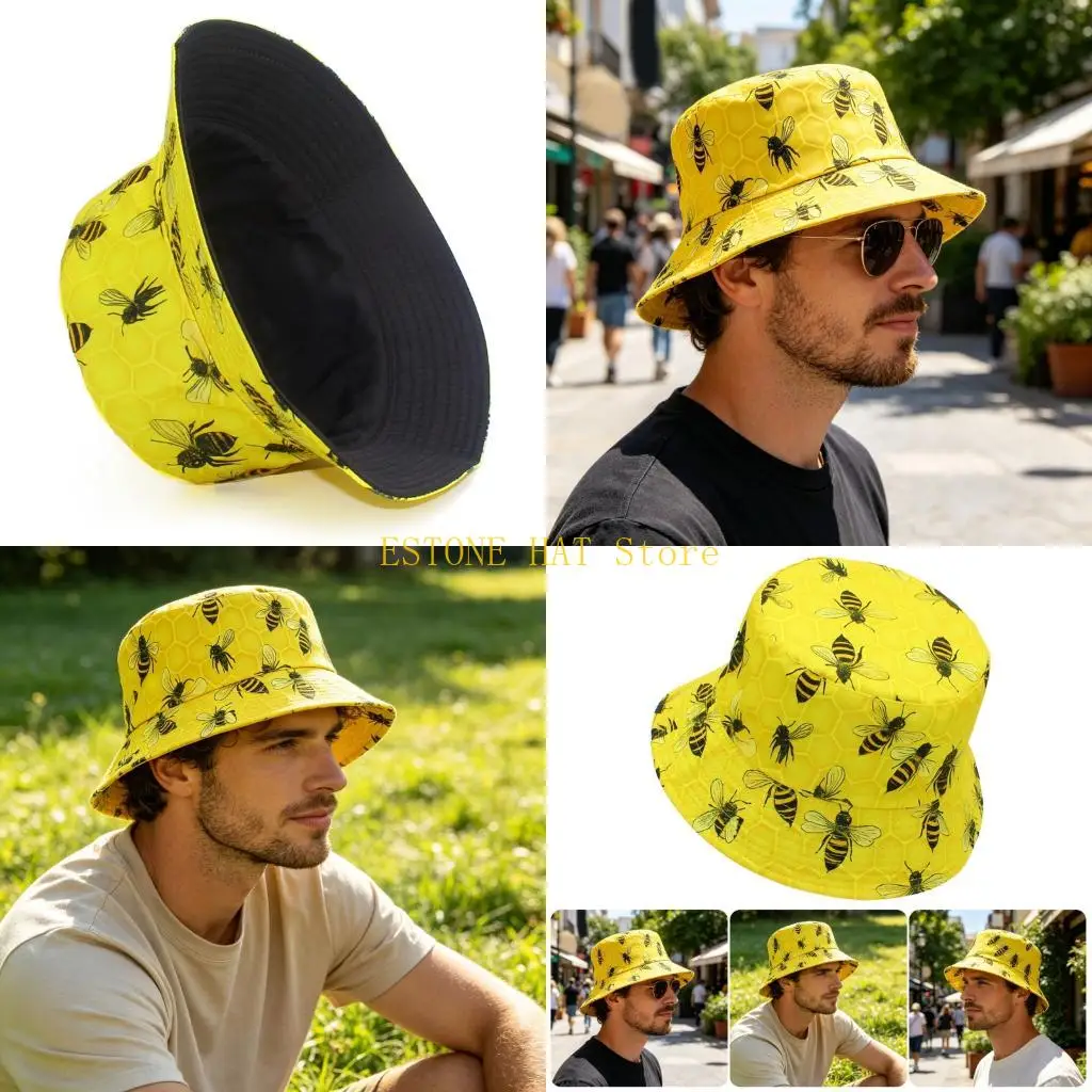 49MF Cotton Yellow Sun Hat with Printed Pattern for Travel and Outdoor Wear