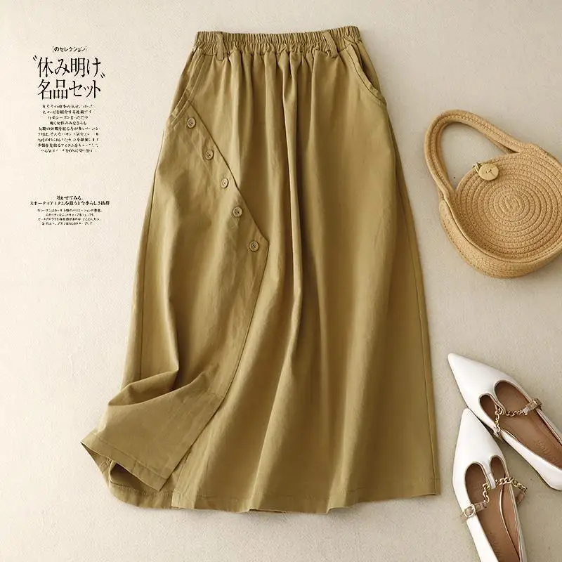 Summer New Arts Style Women Elastic Waist Knee-length A-line Skirt Single-breasted Design All-matched Casual Cotton Linen Skirt