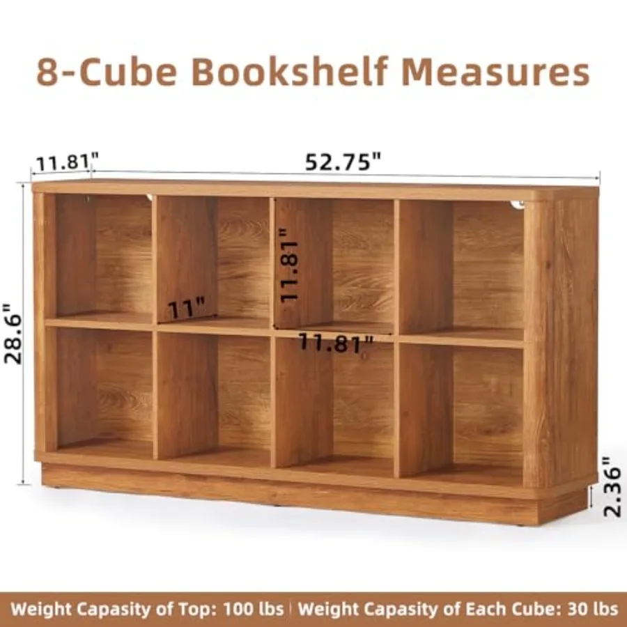 Living room storage bookshelf, solid wood, natural finish, 52-inch horizontal design with curved edge and floor-standing cubby