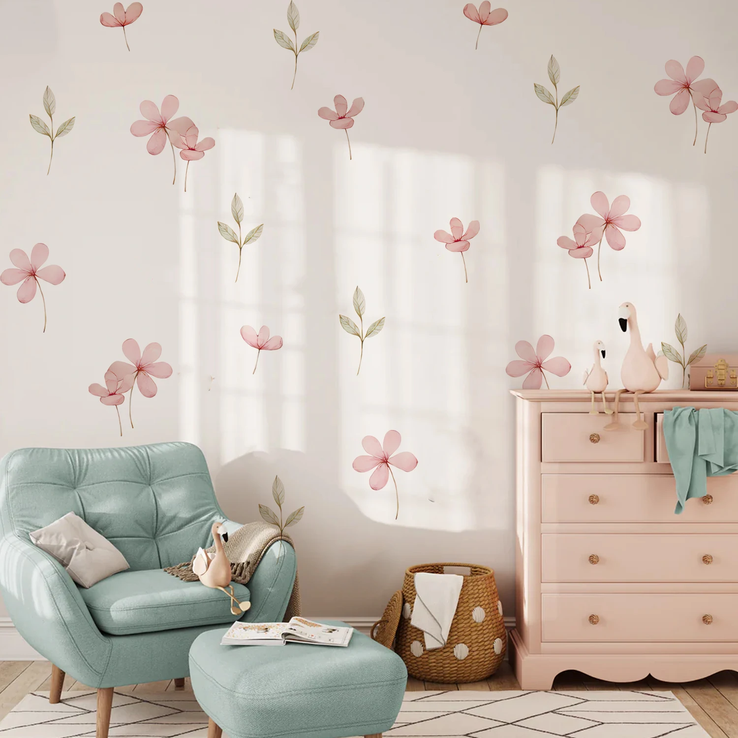 Baby Nursery Green - Różowe kwiaty i zielone liście, naklejka