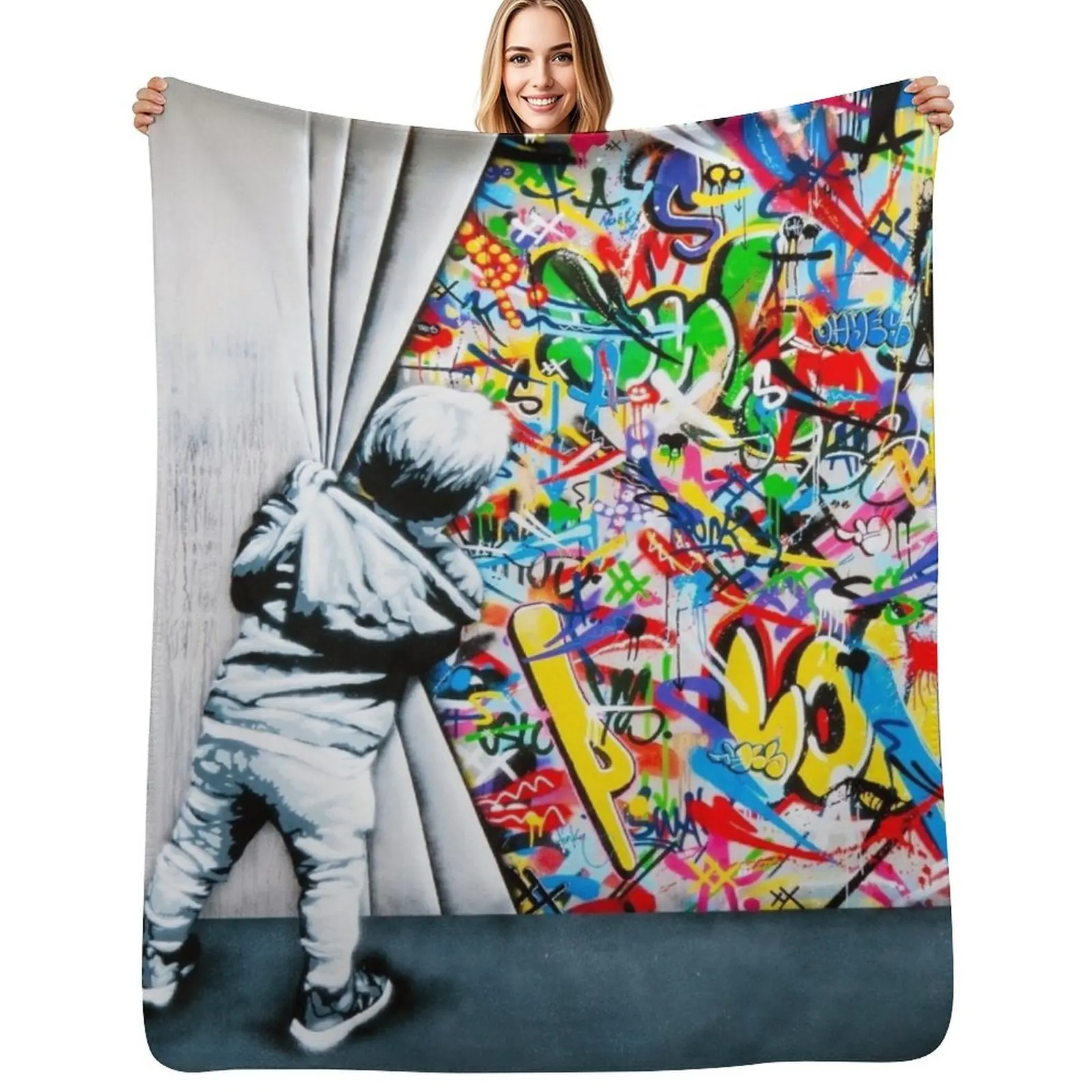 

Behind The Curtain Boy - Colorful Graffiti Pop Art - Banksy Street Art Mural Throw Blanket Single Cute Blankets