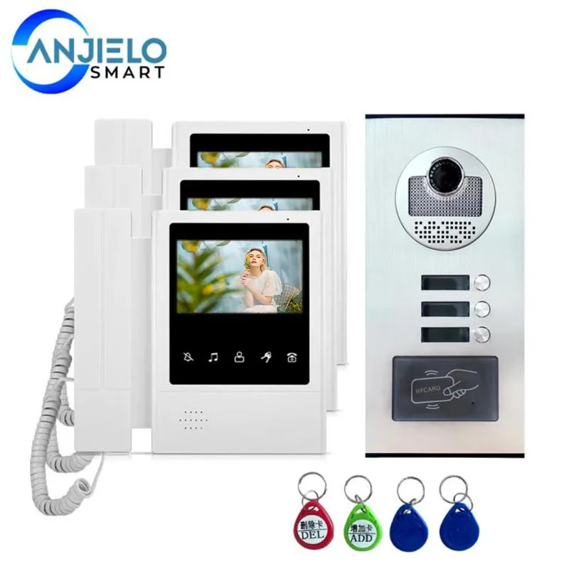 4.3\'\' TFT Wired Video Intercom System RFID Camera with 2/3/4 Monitor Doorphone for Multi Apartment Security EM Key Unlock