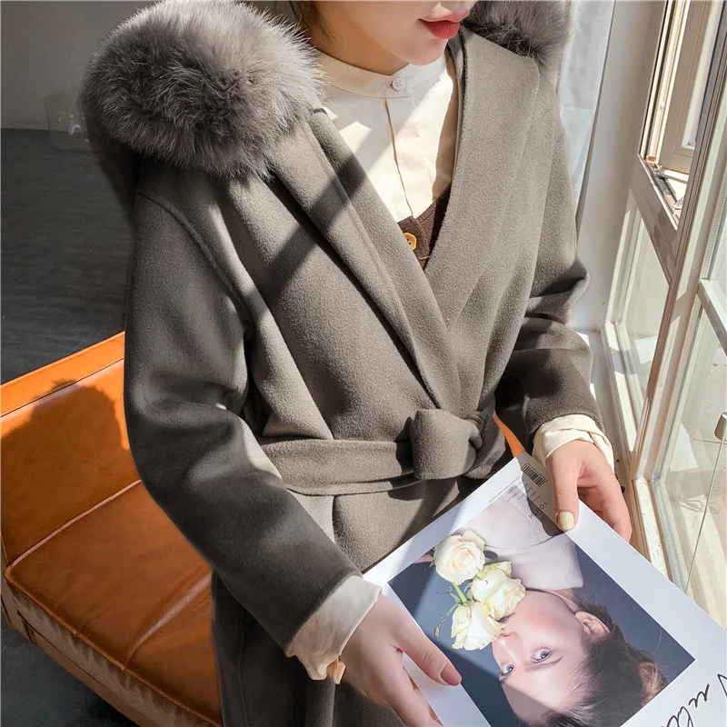 2023 New Hooded Real Fur Cashmere Coat Winter Women Fashion Natural Fox Fur Wool Jacket Long Loose Outerwear Belt Ladies Streetw